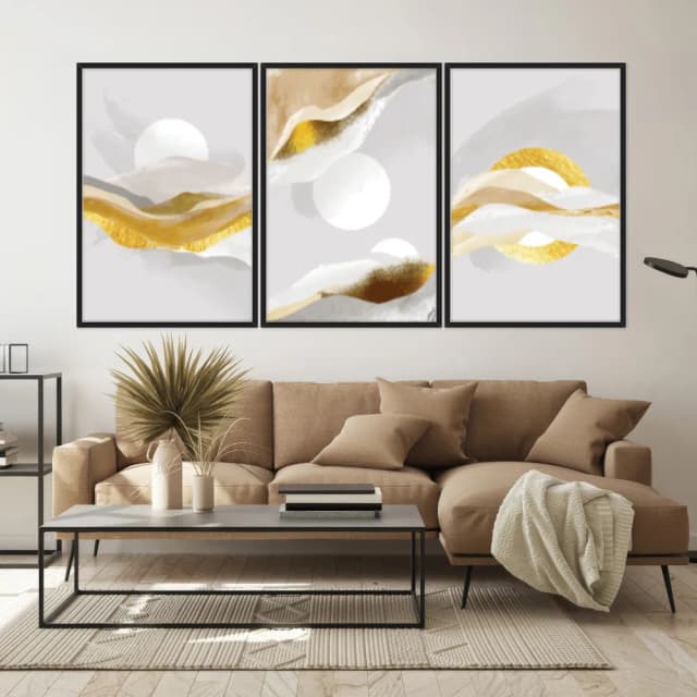 Kit Quadros Decorativos Abstrato Dourado