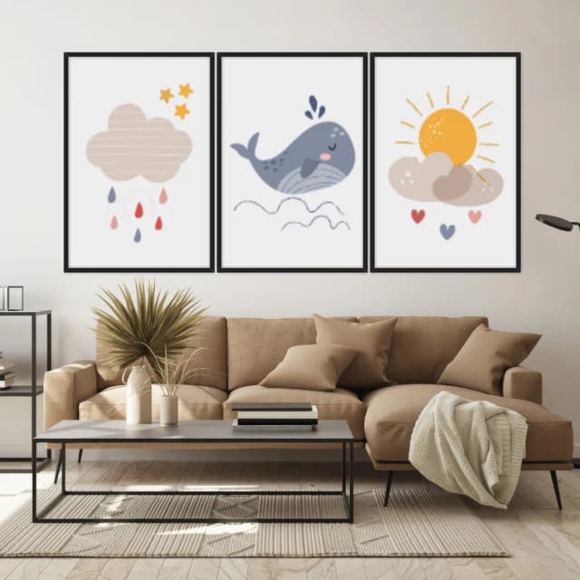 Kit Quadros Decorativos Baleia E Nuvens