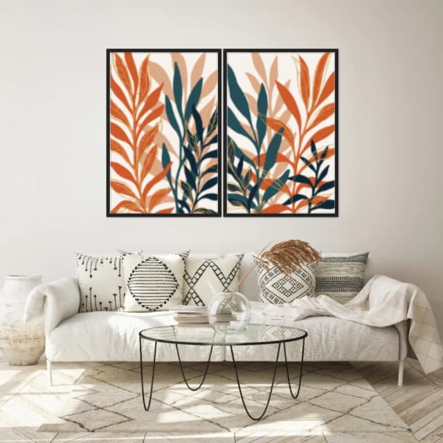 Kit Quadros Decorativos Folhas Laranja E Azul