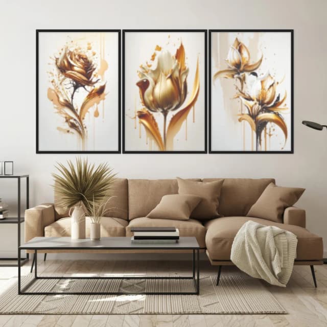 Kit Quadros Decorativos Planta Dourada