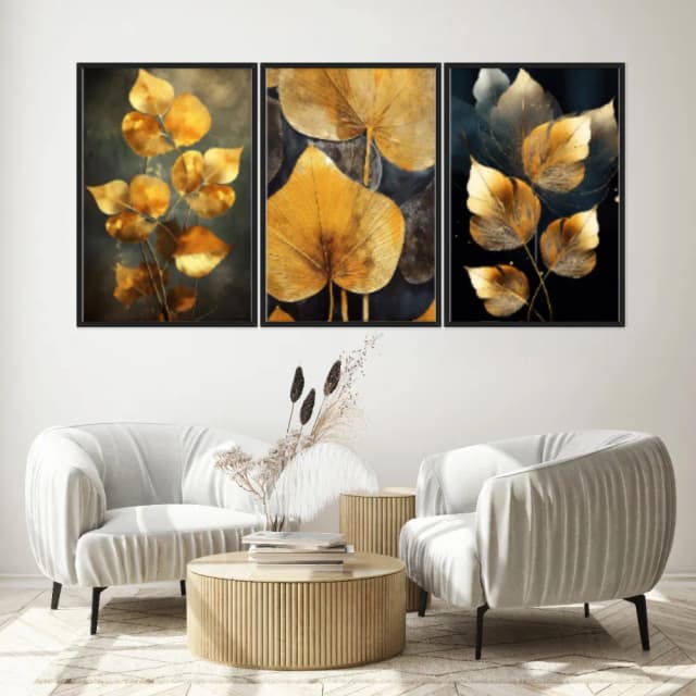 Kit Quadros Decorativos Planta Dourada