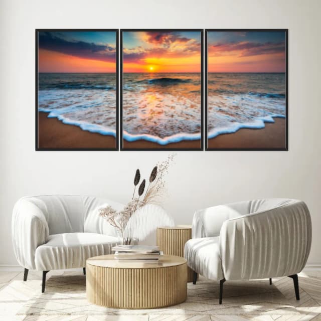 Kit Quadros Decorativos Mar Com Pôr Do Sol