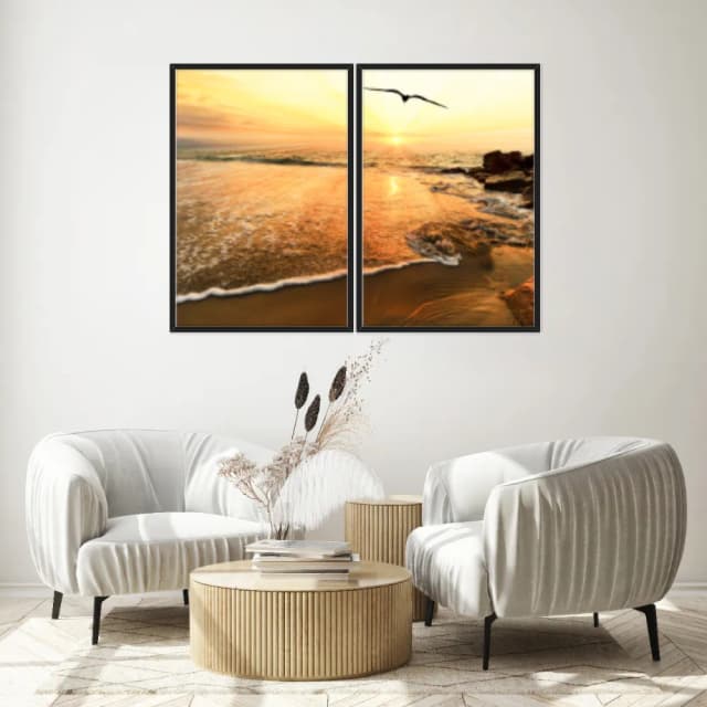 Kit Quadros Decorativos Mar Com Pôr Do Sol