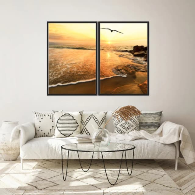 Kit Quadros Decorativos Mar Com Pôr Do Sol