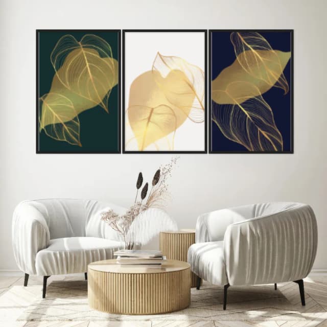 Kit Quadros Decorativos Planta Dourada