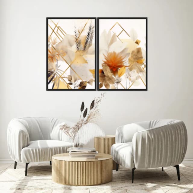 Kit Quadros Decorativos Flor Dourada