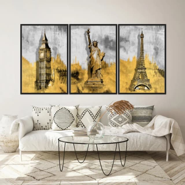 Kit Quadros Decorativos Pintura Dourada Paris Londres E Nova York